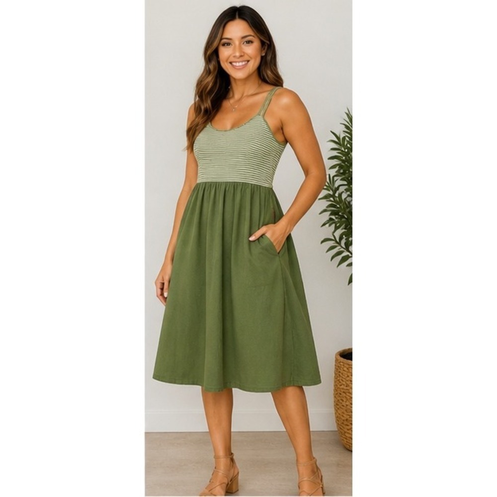 Alythea Womens Green Striped Linen Blend Mini Dress Spaghetti Strap Pockets S